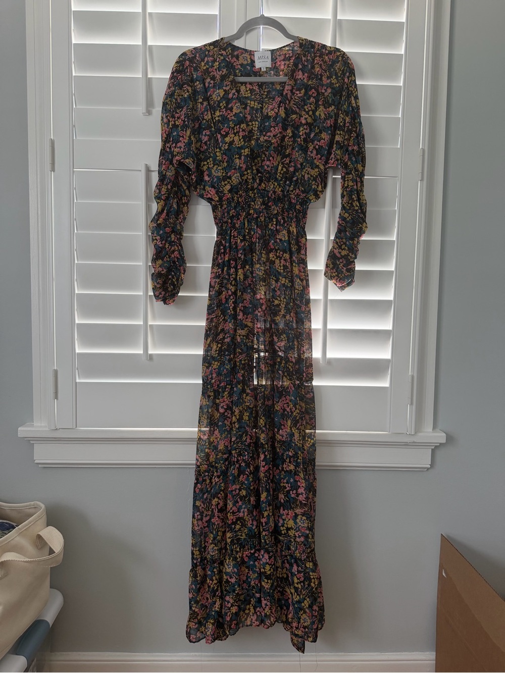 Misa Los Angeles Black Floral Sheer Maxi Dress with Pink & Yellow Blooms